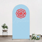Aperturee - Aperturee Red Fire Department Logo Light Blue Arch Backdrop