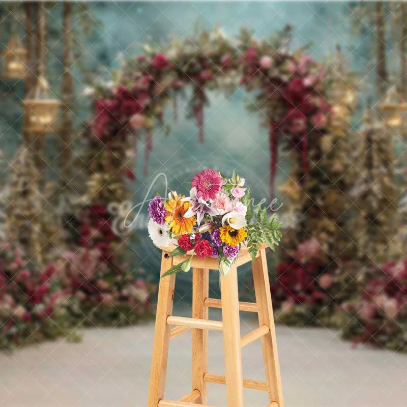 Aperturee - Aperturee Red Floral Forest Arch Backdrop Hanging Lantern Winter Snow Photography Background