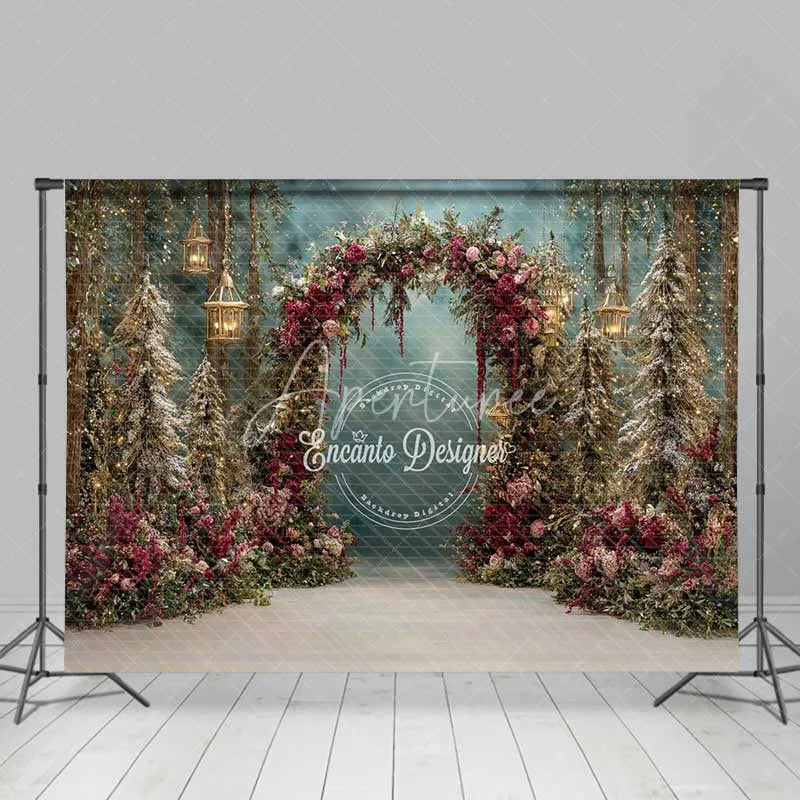 Aperturee - Aperturee Red Floral Forest Arch Backdrop Hanging Lantern Winter Snow Photography Background