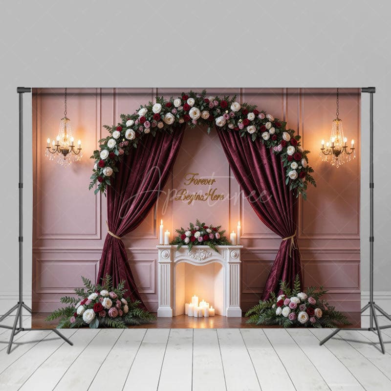 Aperturee - Aperturee Red Floral Wedding Forever Begins Here Cute Backdrop