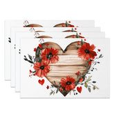 Aperturee - Aperturee Red Floral Wooden Heart Set of 4 Placemats Rustic Love Valentine Decoration Farmhouse Bloom Table Mat