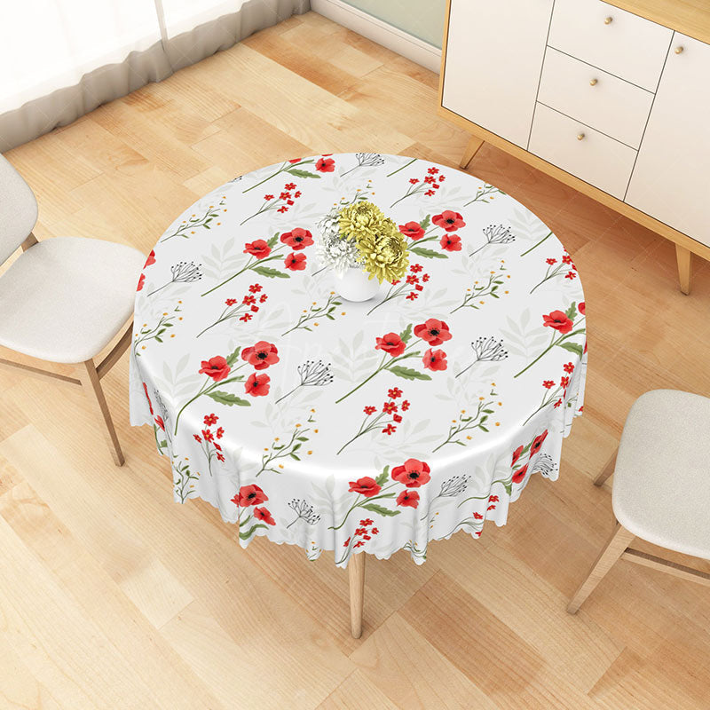 Aperturee - Aperturee Red Flower Round Tablecloth with Green Stems on White for Modern Floral and Minimalist Dining Decor