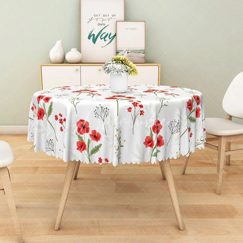 Aperturee - Aperturee Red Flower Round Tablecloth with Green Stems on White for Modern Floral and Minimalist Dining Decor