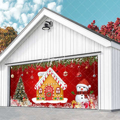 Aperturee - Aperturee Red Gingerbread House Snowman Xmas Garage Door Banner