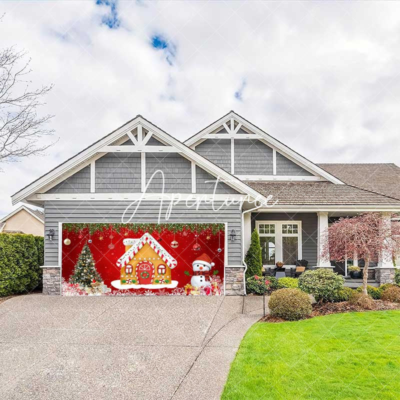Aperturee - Aperturee Red Gingerbread House Snowman Xmas Garage Door Banner