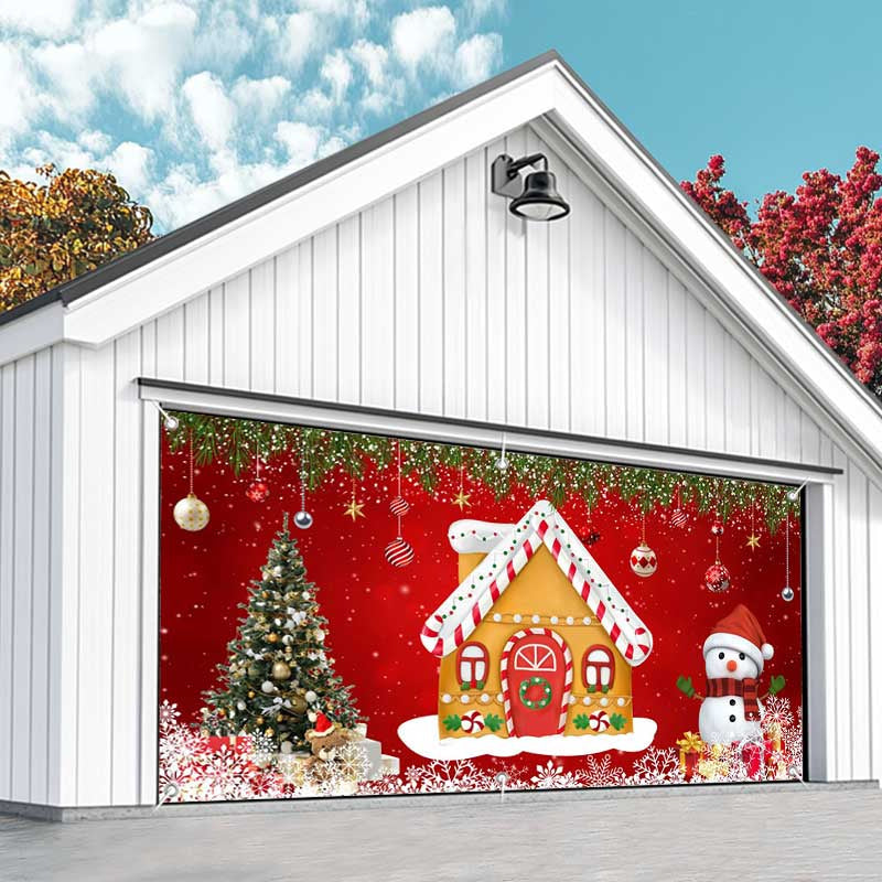 Aperturee - Aperturee Red Gingerbread House Snowman Xmas Garage Door Banner