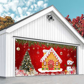 Aperturee - Aperturee Red Gingerbread House Snowman Xmas Garage Door Banner