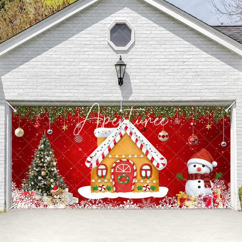 Aperturee - Aperturee Red Gingerbread House Snowman Xmas Garage Door Banner