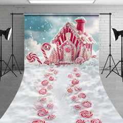 Aperturee - Aperturee Red Gingerbread House Sweep Backdrop Candy Cane Lane Peppermint Path Snow Floor Photo Background
