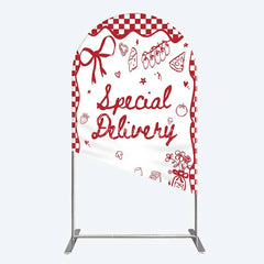 Aperturee - Aperturee Red Gingham Special Delivery Arch Backdrop Pizza Baby Bottle and Cake Slice for Baby Shower Party
