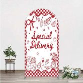Aperturee - Aperturee Red Gingham Special Delivery Arch Backdrop Pizza Baby Bottle and Cake Slice for Baby Shower Party