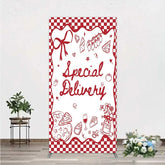 Aperturee - Aperturee Red Gingham Special Delivery Rectangle Backdrop Pizza Baby Bottle and Cake Slice for Baby Shower Party