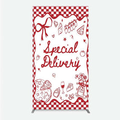 Aperturee - Aperturee Red Gingham Special Delivery Rectangle Backdrop Pizza Baby Bottle and Cake Slice for Baby Shower Party