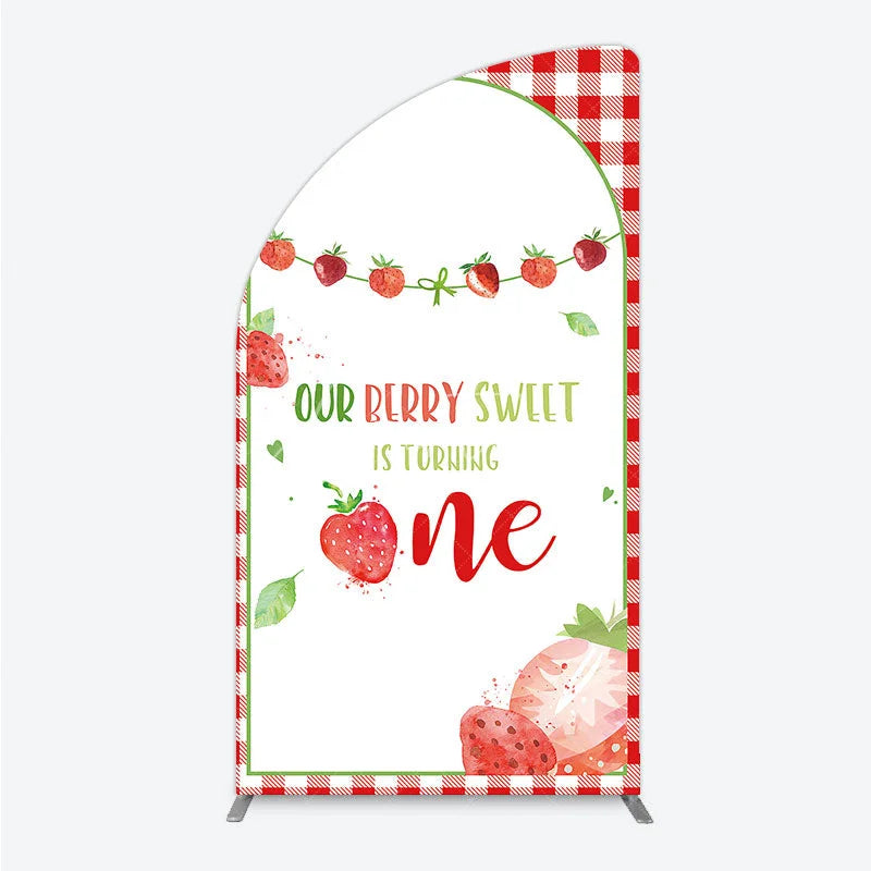 Aperturee - Aperturee Red Gingham Strawberry Berry Sweet is Turning One Half Moon Arch Backdrop Kit First Birthday Party Decor