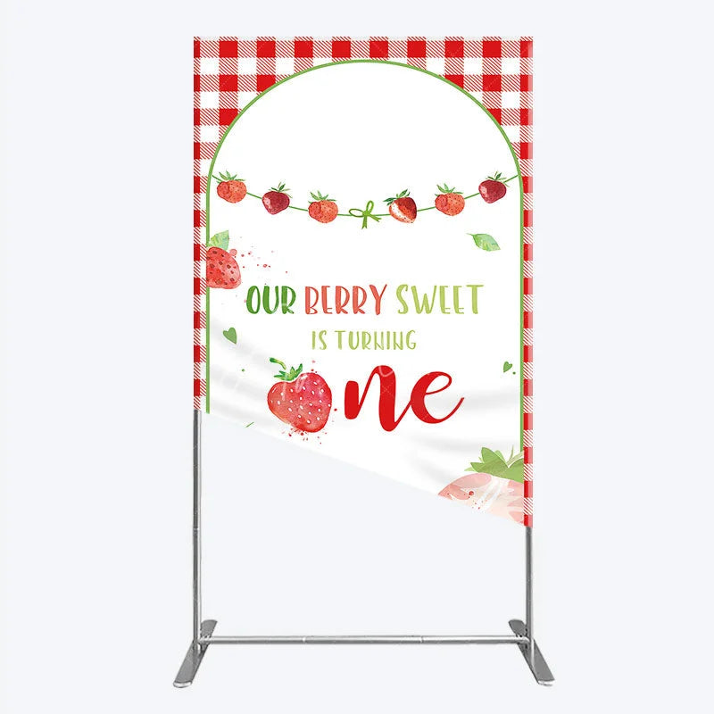 Aperturee - Aperturee Red Gingham Strawberry Berry Sweet is Turning One Rectangle Backdrop Kit First Birthday Party Decor