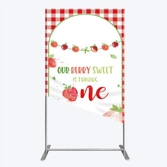 Aperturee - Aperturee Red Gingham Strawberry Berry Sweet is Turning One Rectangle Backdrop Kit First Birthday Party Decor