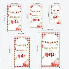 Aperturee - Aperturee Red Gingham Strawberry Berry Sweet is Turning One Rectangle Backdrop Kit First Birthday Party Decor