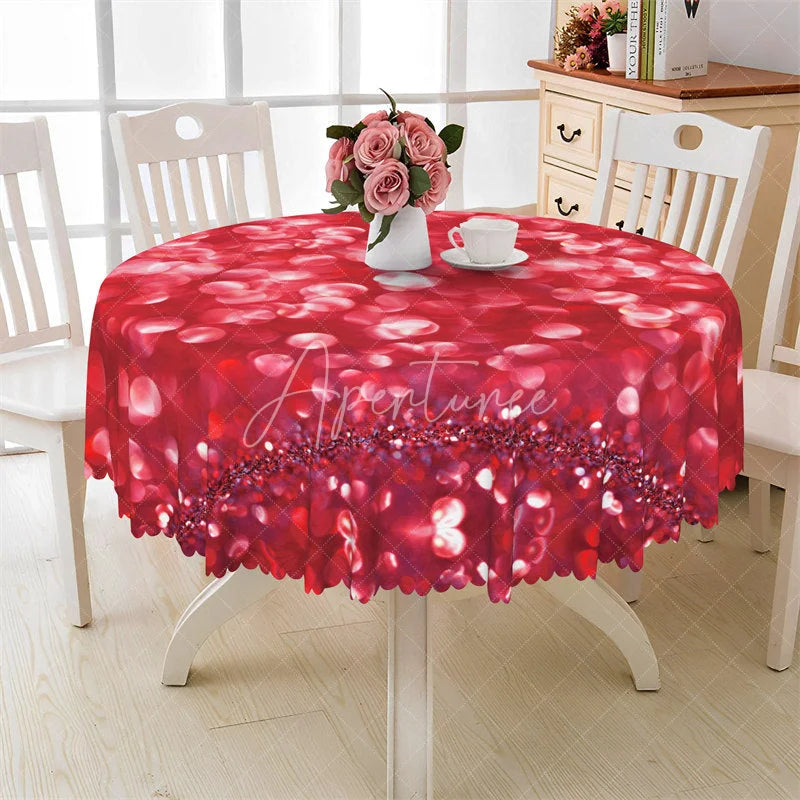 Aperturee - Aperturee Red Glitter Bokeh Heart Round Tablecloth Sparkle Love Pattern Table Cover for Wedding