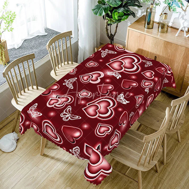 Aperturee - Aperturee Red Glowing Heart Butterfly Rectangle Tablecloth Neon Light Love Pattern Romantic Valentine Kitchen Decor
