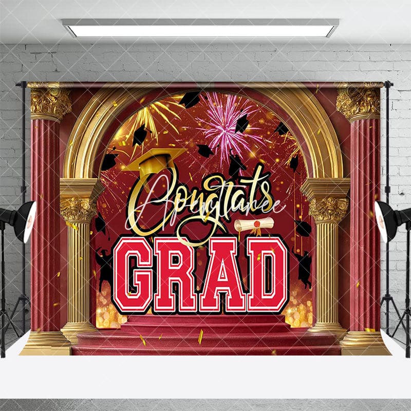 Aperturee - Aperturee Red Gold Luxury Arch Sparkle Congrats Grad Backdrop