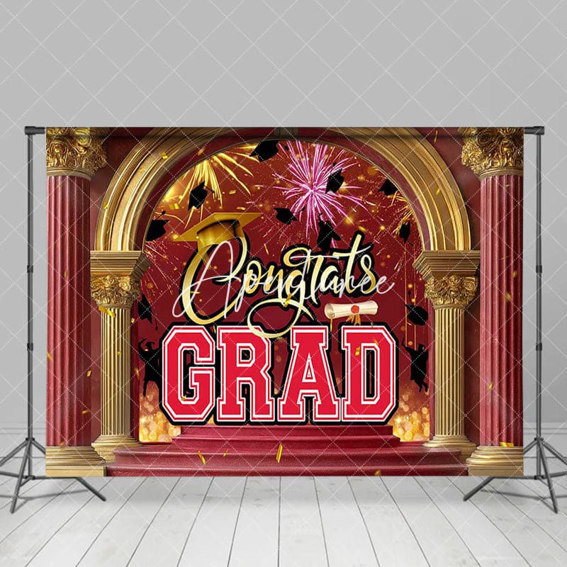Aperturee - Aperturee Red Gold Luxury Arch Sparkle Congrats Grad Backdrop