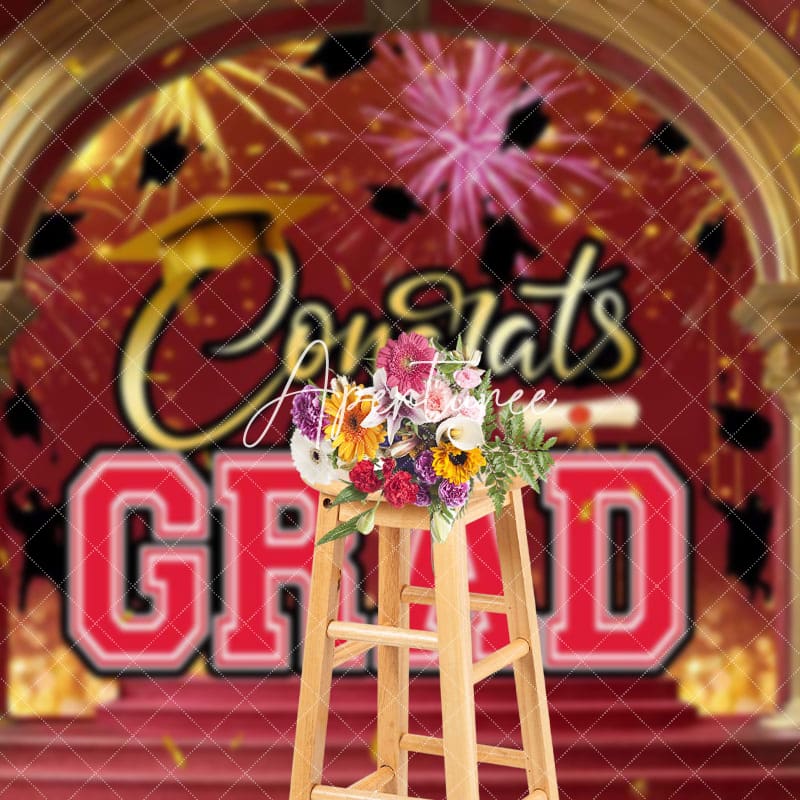 Aperturee - Aperturee Red Gold Luxury Arch Sparkle Congrats Grad Backdrop