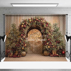 Aperturee - Aperturee Red Gold Ornament Arch Backdrop Luxury Curtain Christmas Tree Photography Background