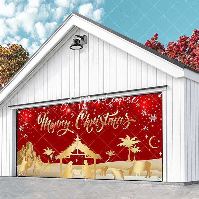Aperturee - Aperturee Red Gold Snowy Night Nativity Garage Door Banner