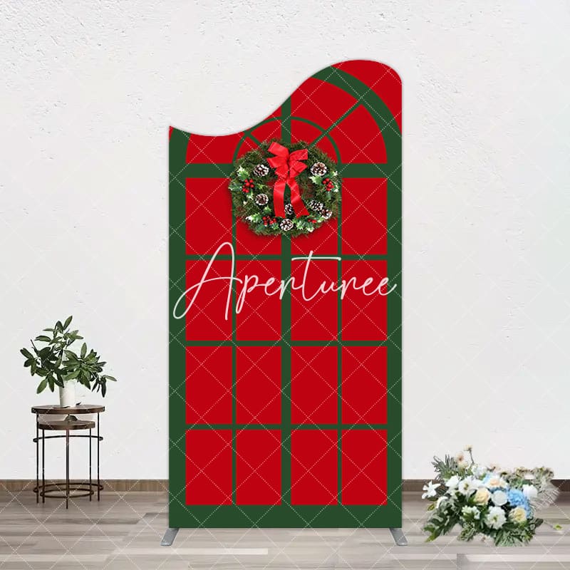 Aperturee - Aperturee Red Green Wreath Door Christmas Vibe Arch Backdrop