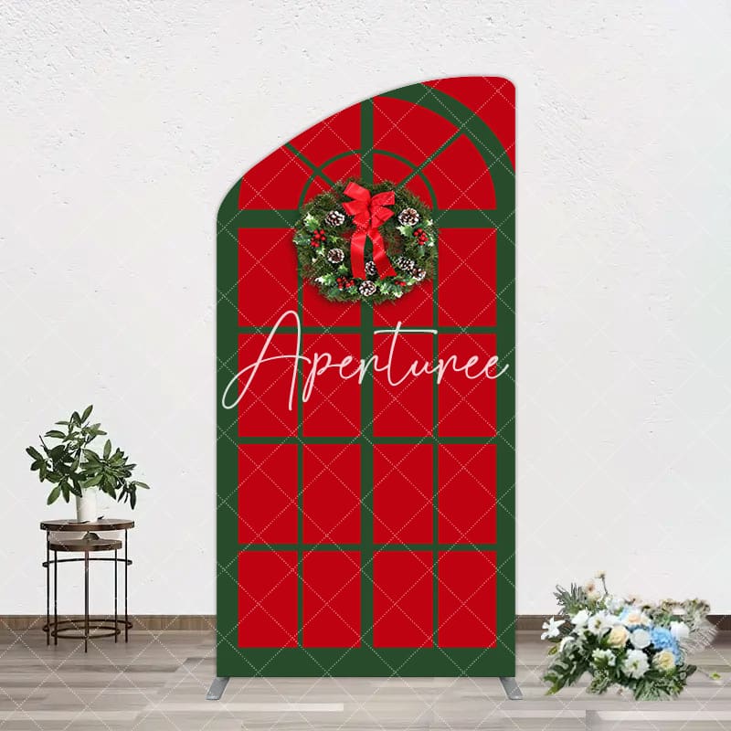 Aperturee - Aperturee Red Green Wreath Door Christmas Vibe Arch Backdrop
