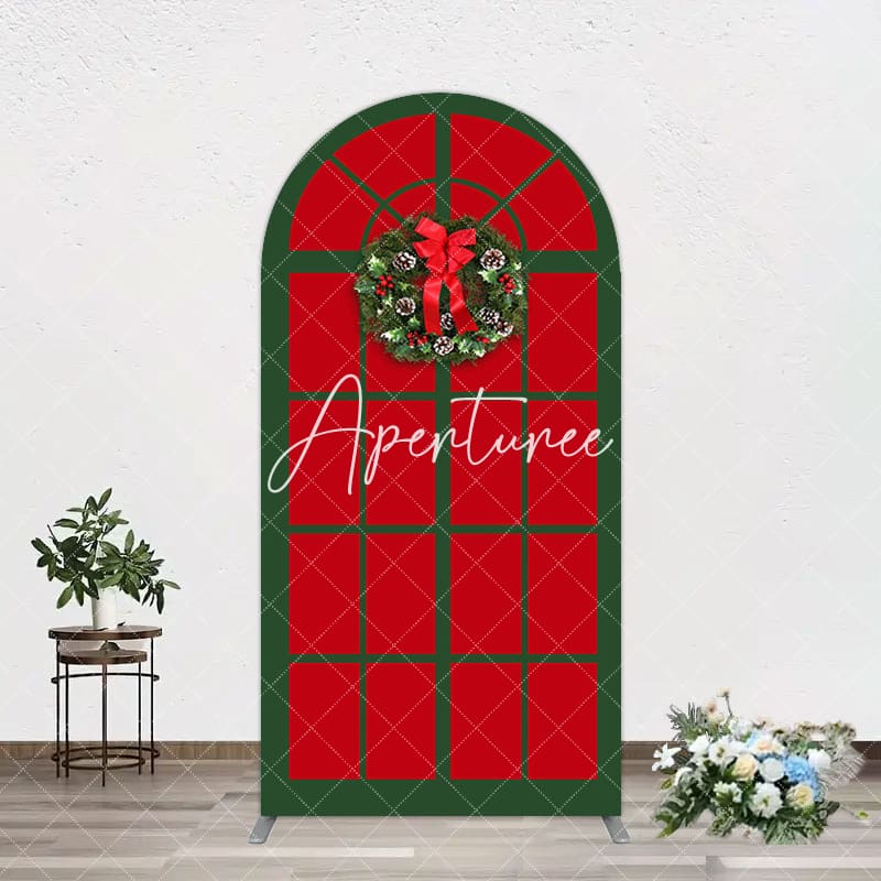 Aperturee - Aperturee Red Green Wreath Door Christmas Vibe Arch Backdrop