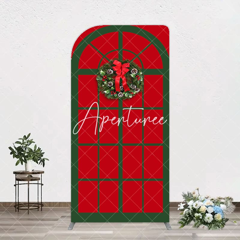 Aperturee - Aperturee Red Green Wreath Door Christmas Vibe Arch Backdrop