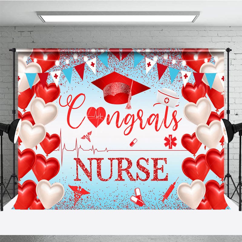 Aperturee - Aperturee Red Heart Balloon Glitter Nurse Congrats Grad Backdrop