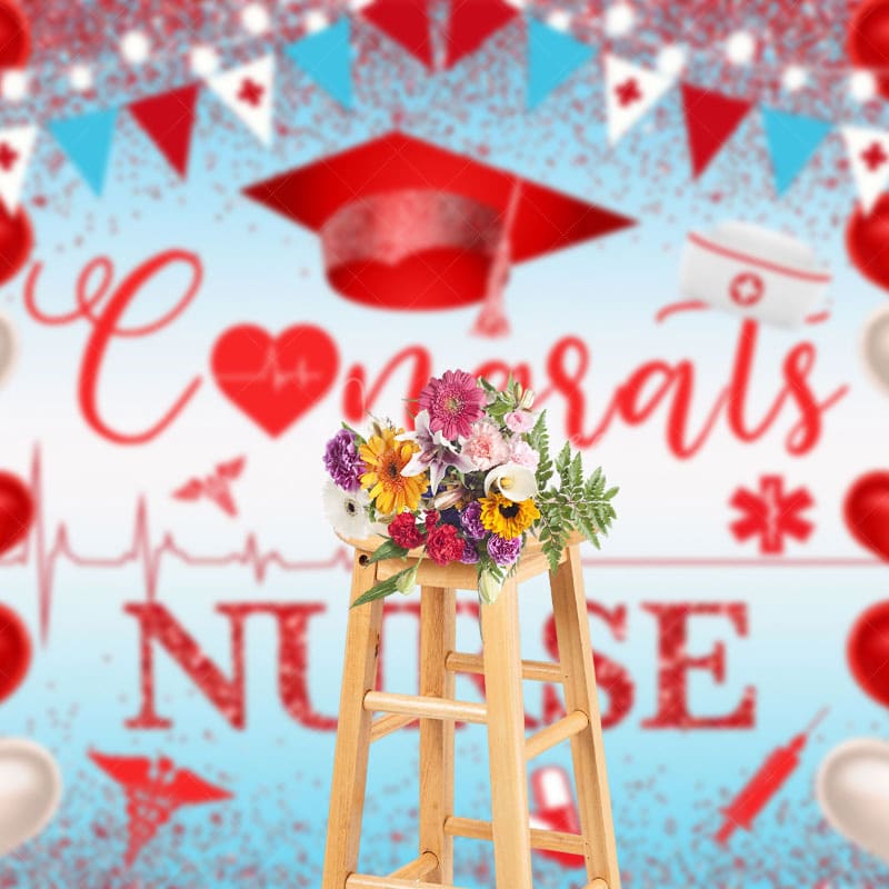 Aperturee - Aperturee Red Heart Balloon Glitter Nurse Congrats Grad Backdrop