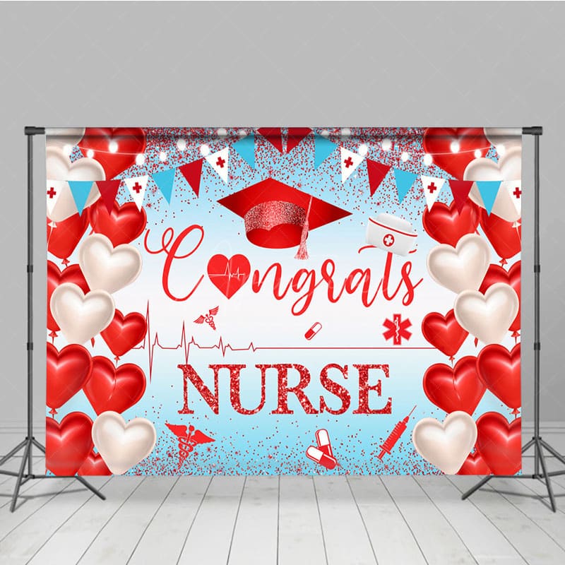 Aperturee - Aperturee Red Heart Balloon Glitter Nurse Congrats Grad Backdrop