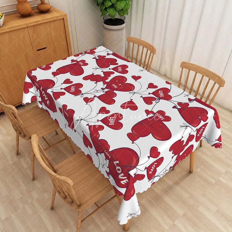 Aperturee - Aperturee Red Heart Balloon Love Text Rectangle Tablecloth Romantic String Bouquet Table Cover Valentine Day Date Decor