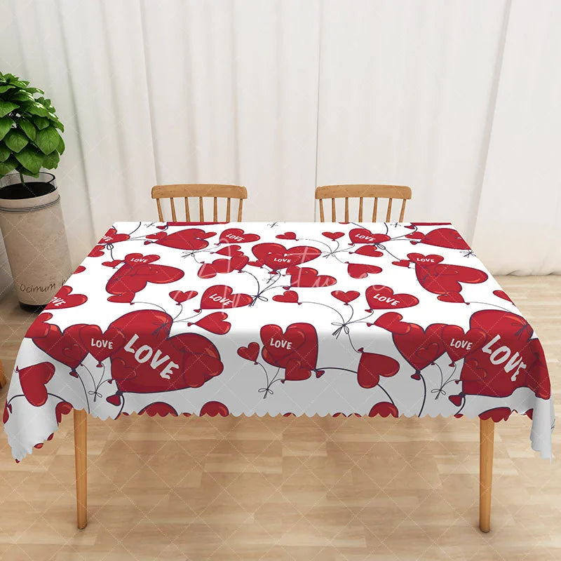 Aperturee - Aperturee Red Heart Balloon Love Text Rectangle Tablecloth Romantic String Bouquet Table Cover Valentine Day Date Decor