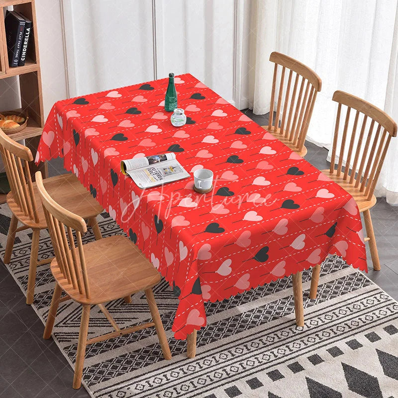 Aperturee - Aperturee Red Heart Balloon String Rectangle Tablecloth Cute Dotted Line Pattern Romantic Valentine Date Night Home Decor