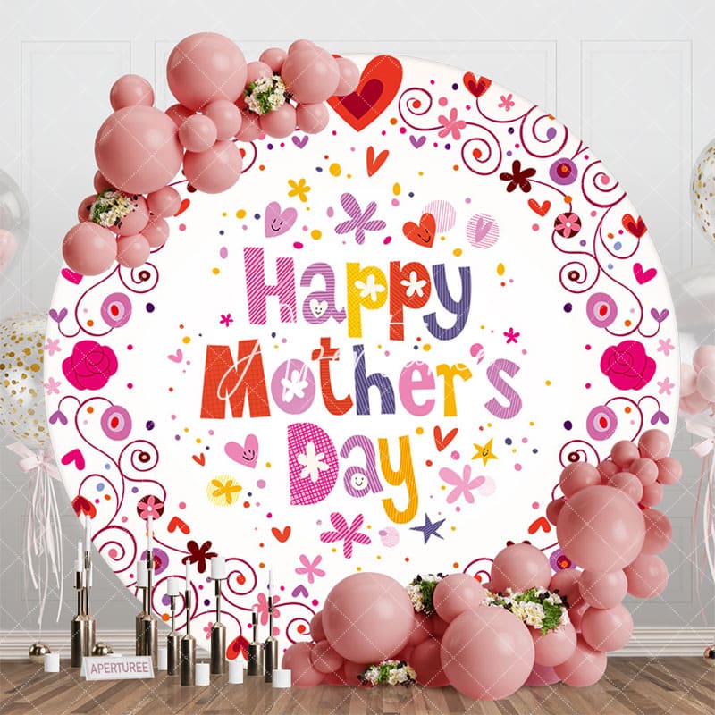 Aperturee - Aperturee Red Heart Colorful Floral Round Mothers Day Backdrop