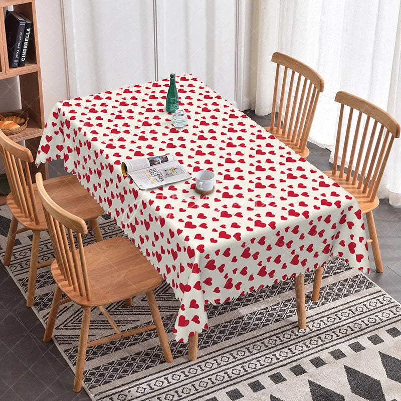 Aperturee - Aperturee Red Heart Confetti Rectangle Tablecloth Romantic Love Pattern on White Valentine Date Night Dining Decor