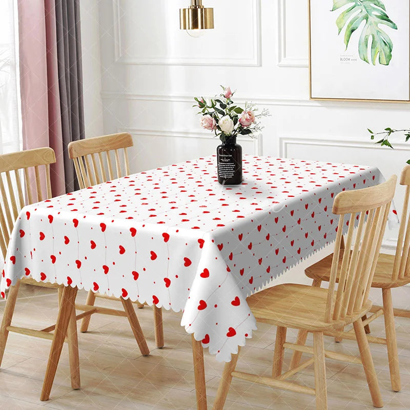 Aperturee - Aperturee Red Heart Garland String Rectangle Tablecloth Wavy Dotted Line Pattern Cute Valentine Kitchen Dining Decor