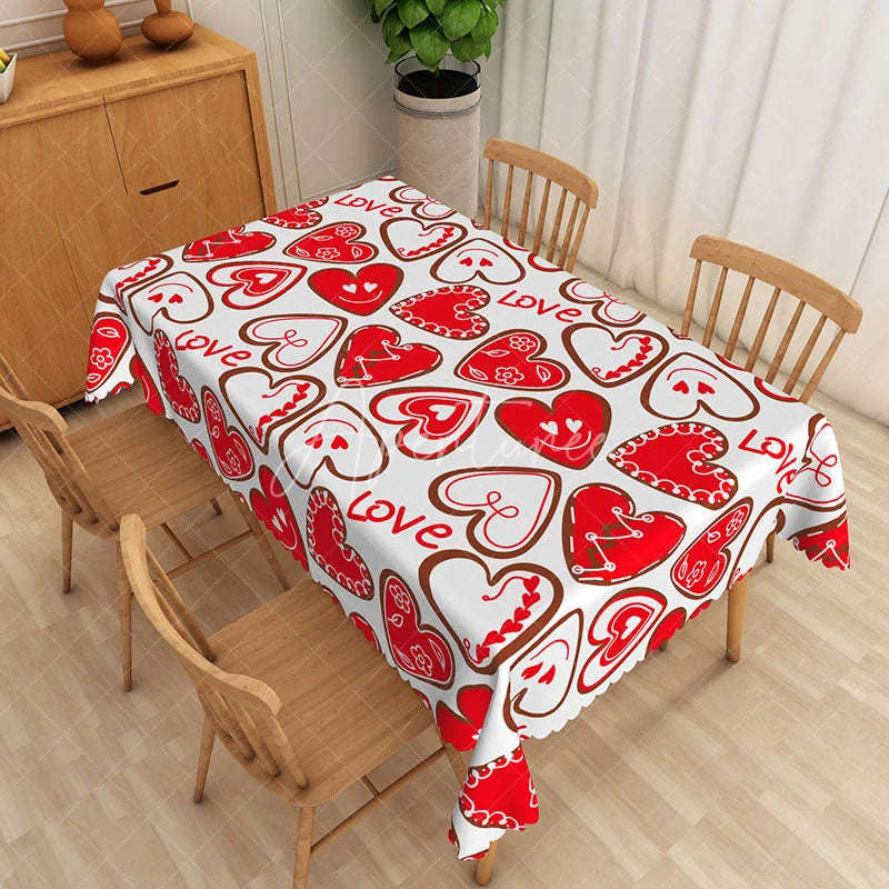 Aperturee - Aperturee Red Heart Love Text Rectangle Tablecloth Cute Valentine Doodle Table Cover Romantic Dinner Party Decor