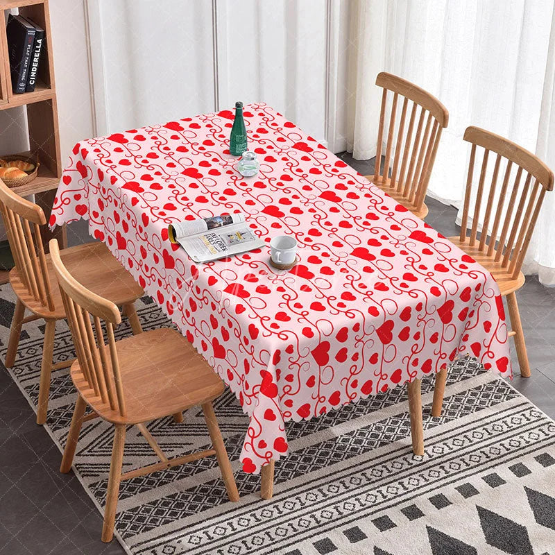Aperturee - Aperturee Red Heart Pink Swirl Rectangle Tablecloth Romantic Valentine Day Love Table Cover Anniversary Wedding Decor