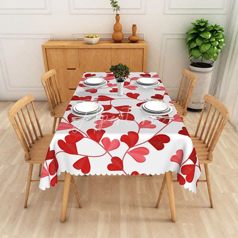 Aperturee - Aperturee Red Heart Vine Rectangle Tablecloth Romantic Leafy Love Table Cover Wedding Anniversary Home Decor