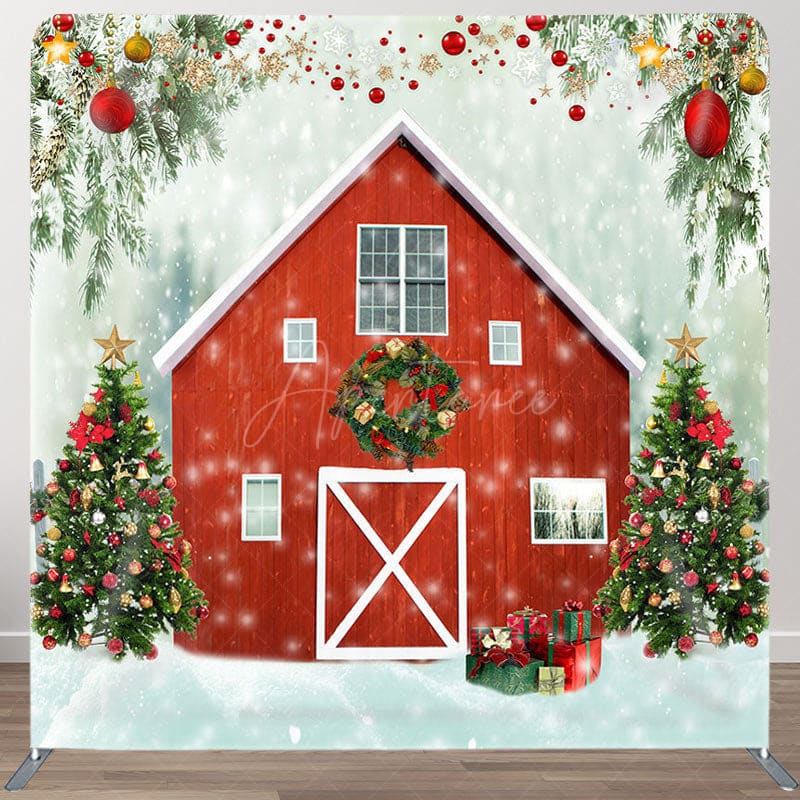 Aperturee - Aperturee Red House And Tree Fabric Backdrop Cover for Christmas