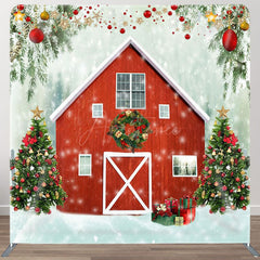 Aperturee - Aperturee Red House And Tree Fabric Backdrop Cover for Christmas