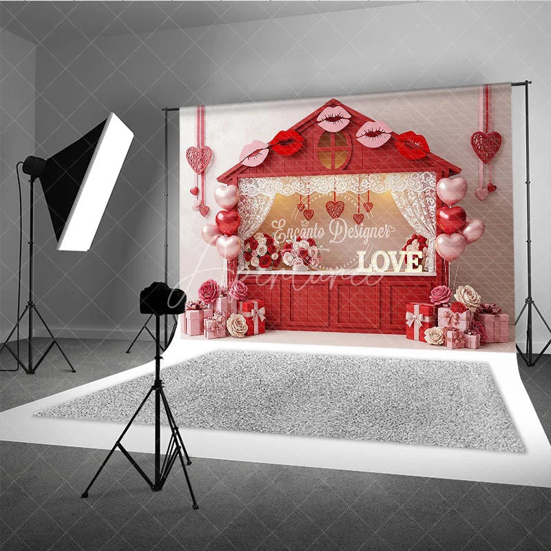 Aperturee - Aperturee Red House Kissing Booth Backdrop Lace Curtains Lips Balloons Background Valentine Day Photography Decoration
