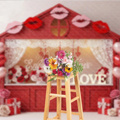 Aperturee - Aperturee Red House Kissing Booth Backdrop Lace Curtains Lips Balloons Background Valentine Day Photography Decoration