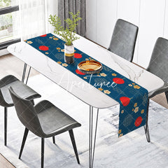 Aperturee - Aperturee Red Lantern Flower Blue Chinese New Year Table Runner