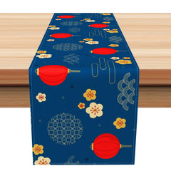 Aperturee - Aperturee Red Lantern Flower Blue Chinese New Year Table Runner